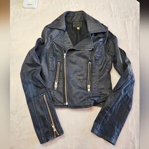 TRUE RELIGION Jacket Womens S/P Black Coated Motorcycle Biker Cropped Zipper